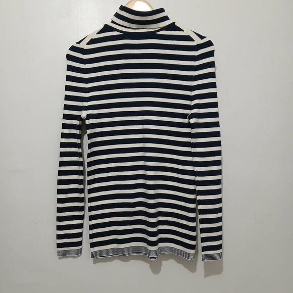 Gap womens large classic stripe turtleneck sweater blue white cotton nylon - Picture 4 of 7